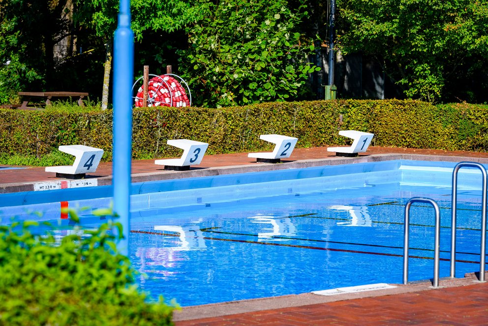 Das Bild zeigt ein Freibad mit einem klaren Schwimmbecken und mehreren Sprungblöcken am Rand. Der Bereich ist von grünen Büschen und Bäumen umgeben. Ein idealer Ort für Sprungtraining und Sommergenuss.