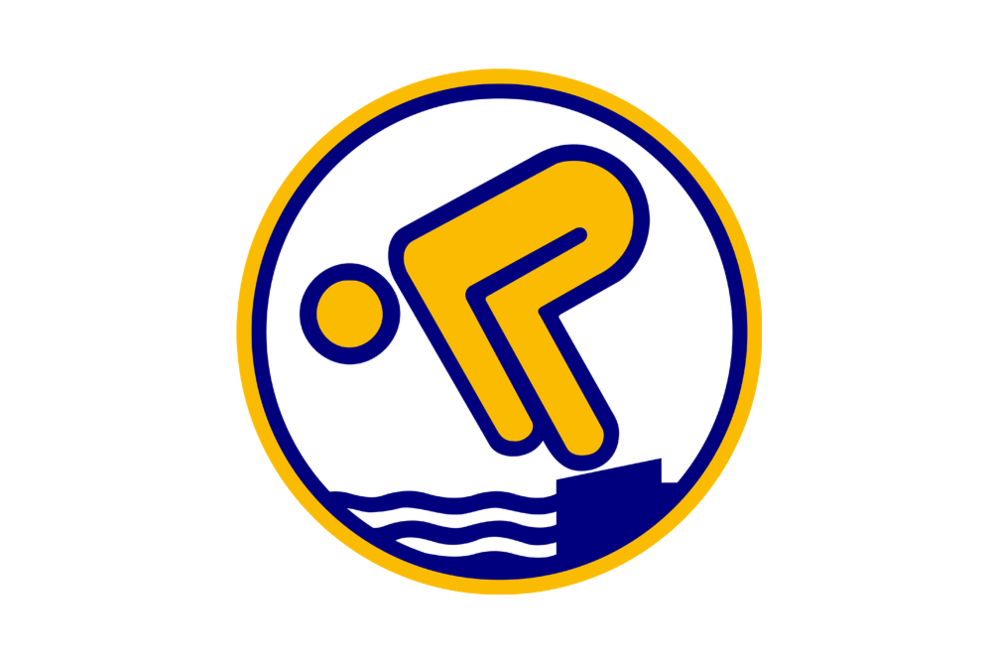 Goldenes und blaues Logo mit einer stilisierten Figur, die sich in Startposition zum Sprung ins Wasser befindet.