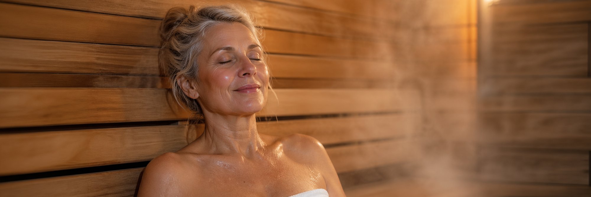 Eine ältere Frau entspannt in der Sauna. Es steigt Dampf auf