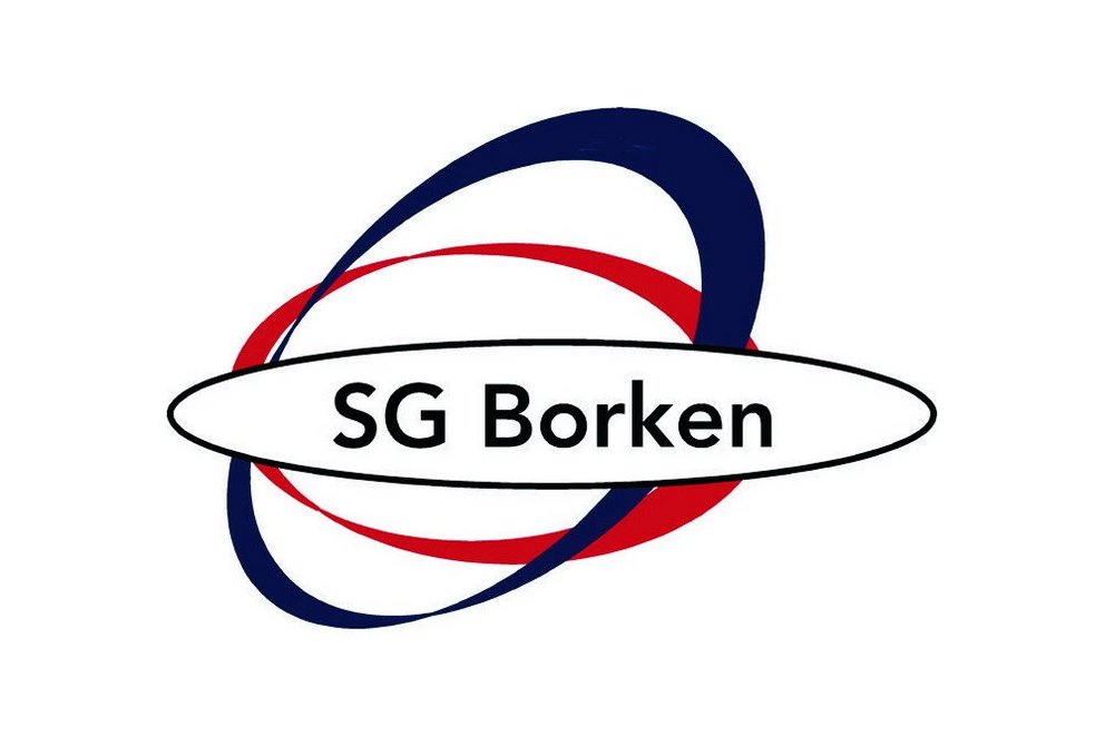 Sportgemeinschaft Borken. Das Logo gehört zur Sportgemeinschaft Borken. Es zeigt zwei dynamisch geschwungene Bögen in Blau und Rot, die sich um eine Ellipse mit dem Schriftzug „SG Borken“ legen – ein sportlich-modernes Design mit Bewegung und Energie.