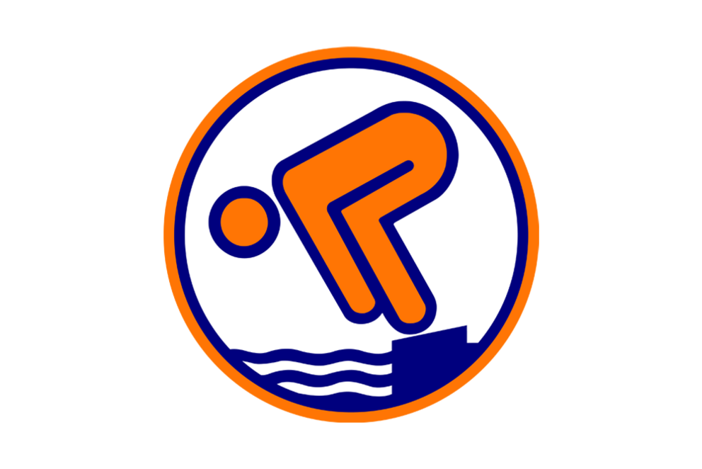 Das bronzene Logo zeigt erneut eine stilisierte Figur in Startposition zum Sprung ins Wasser, wie bei einem Schwimmstart.