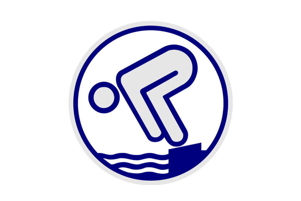 Das blaue und silberne Logo zeigt eine stilisierte Figur in Startposition für einen Sprung ins Wasser. 